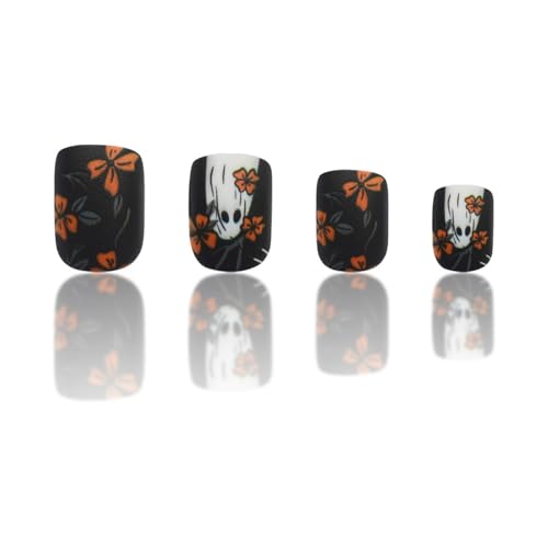 Halloween Yellow Flowers Press on Nails Short Square Fake Nails with Cute Little Ghost Designs Black Matte Artificial Nails Full Cover Stick on Nails Halloween Glue on Nails for Women Nail Art DIY - color: Style 11