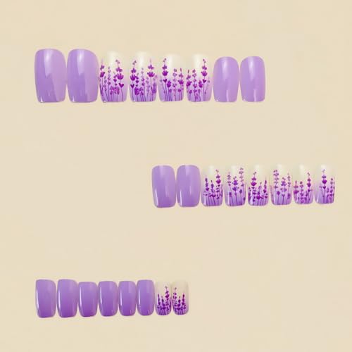 24pcs Purple Press on Nails Medium Length Square Fake Nails with Lavender designs Spring Stick on Nail Full Cover False Nails Acrylic Reusable Glue on Nails for Women Summer Manicure - color: s35