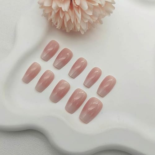 Gradient Press on Nails Short Coffin Fake Nails with Ombre Glossy Designs Nails Press ons Pink White Glue on Nails Acrylic False Nails Simple Stick on Nails for Women 24Pcs - color: pink white-1