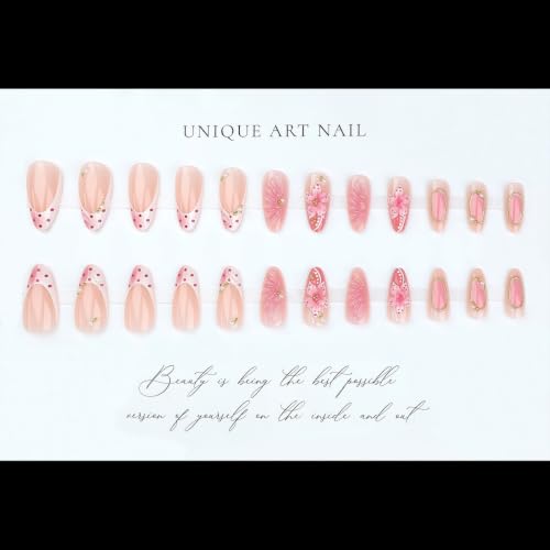 Press on Nails Almond - Gilded Lines, Embossed Flower, Polka Dots - color: Style-33