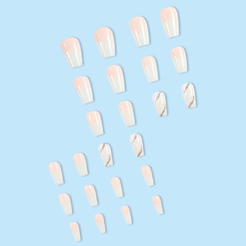 24Pcs Coffin Press on Nails Short Fake Nails with Glitter Lines Gradient Full Cover Designs Nails Press ons White Glue on Nails Reusable False Nails Simple Stick on Nails for Women - color: white