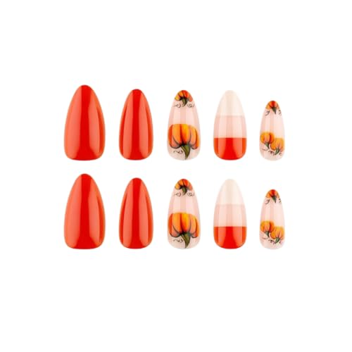 Fall Press on Nails Medium Almond, Pumpkin, Orange - color: Style-11