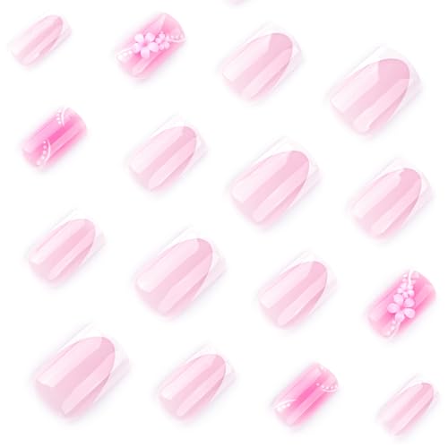 Pink Flower Press on Nails Medium Square Fake Nails White French Tip Acrylic False Nails with Spring Floral Designs Glue on Nail Glossy Artificial Nails Full Cover Stick on Nail for Women 24Pcs - color: style 33