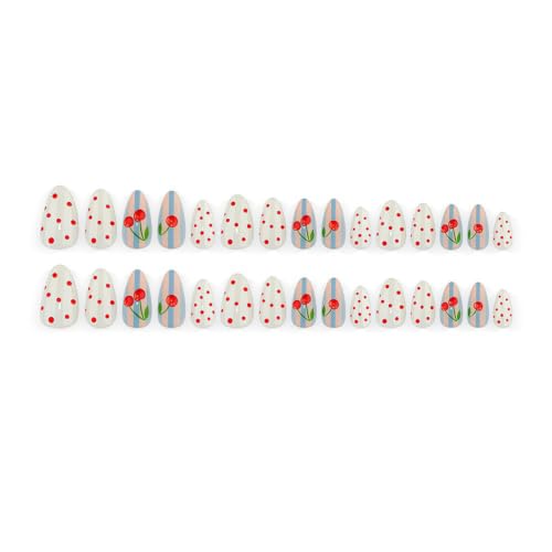 Almond Press on Nails Medium Fake Nails with Polka Dots Cherry Striped Design Reusable Glossy Full Cover Cute Stick on Nails for Women Manicure 30Pcs - color: style-33