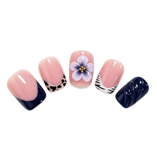 Fall Blue Press On Nails Short Square Duck Fake Nails With Flower Designs - color: fallnails20
