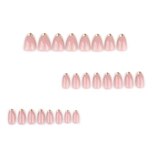 Mivota Almond Press On Nail Short, Pink Fake Nails with Elegantly Crafted Gold French Tips, Glossy Gel Finish, Thick Natural Reusable Glue On Nails Kit for Women 24Pcs, Golden Chic - color: 06-Fashionable Phnom Penh