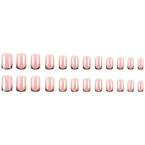 French Tip Press On Nails Short Square Fake Nails Press Ons With Aurora Chrome Design Glue On Nails Pink Glossy Stick On Nails Reusable Acrylic False Nails For Women - color: short square nails-4