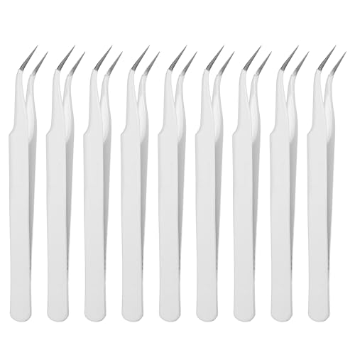 HARFINGTON 9pcs Curved Pointed Craft Tweezers with Protective Cover White - color: White