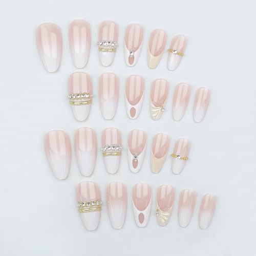 24Pcs Medium Almond Press on Nails White French Tip Nude Acrylic Fake Nails with 3D Gold Beads Rhinestone Chain Designs False Nails Luxury Elegant Full Cover Glossy Glue on Nail Manicure for Women - color: style09