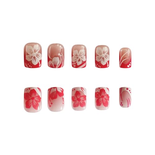 RTKHFZE Short Press on Nails French Tip Nails Press Ons Square Fake Nails with Pink and white Floral Designs False Nails Full Cover Acrylic Nail for Women and Girls 24Pcs - color: style015