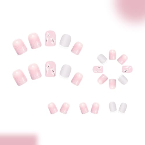 French Tip Press on Nails Short Square Fake Nails Leaves Glitter Designs - color: 32
