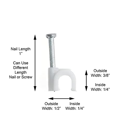 THE CIMPLE CO Single Coaxial Cable Clips 1/4 in - Indoor/Outdoor Cable Fasteners for Coax, Ethernet, CAT, Wires, and Tubing - Wire Clips with Nails 1/4 Inch (6mm) - 100 PCS, White - size: 100 Pack