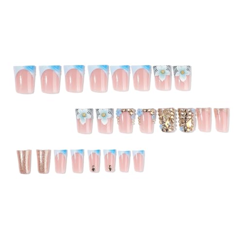 Medium Short Coffin Press On Nails, Blue 3D Flower, 24 Pcs - color: 105-Blush Blue Champagne