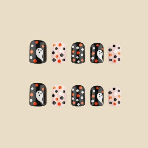 Halloween Press on Nails Short Square Nails Press on Polka Dot Fake Nails - color: Halloween26-Black-4