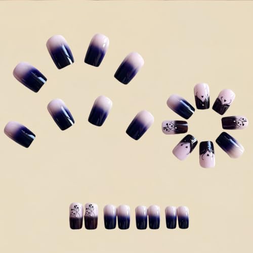 Square Press on Nails Medium Fake Nails with Ombre Designs Love Nails Press ons Black Glue on Nails Glossy False Nails Lines Stick on Nails for Women 24Pcs - color: Ombre Designs-2