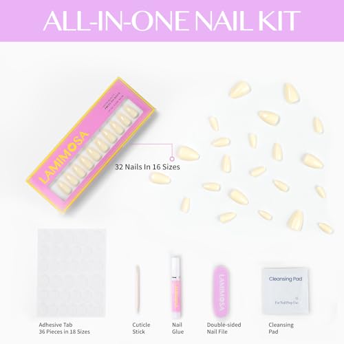 LAMIMOSA 32Pcs Butter Yellow Press On Nails Short Almond, BUTTERCUP - color: BUTTERCUP