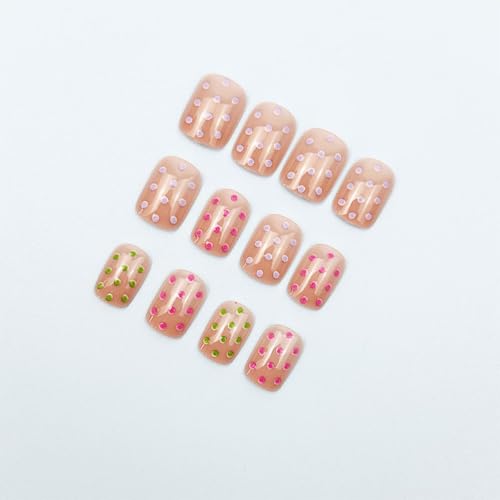Short Square Press On Nails Colorful Polka Dot Fake Nails Glossy Stick On - color: BD-Colorful-9