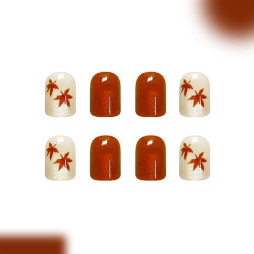 Fall Maple Leaf Press on Nails Short Square Fake Nails with Glitter Design Orange Cat Eye Acrylic False Nail Autumn Leaf Full Cover Stick On Nail Reusable Thanksgiving Artificial Nails for Women 24Pcs - color: special Fall-25