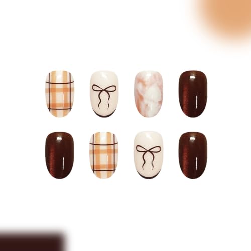 Short Oval Press on Nails, Brown Bow Plaid Marble Fake Nails, 24Pcs - color: Color-16