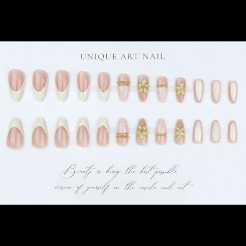 Medium Almond Press on Nails - White French Tip, 3D Gold Floral - color: D-56