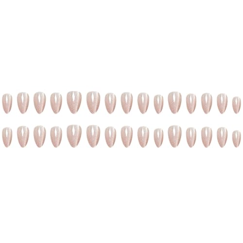 Cat Eye Nails Press ons Short Press on Nails Almond Fake Nails with Glitter Deisgn Nude Pink False Nail Full Cover Glossy Acrylic Glue on Nails Stick on Nail for Women 30Pcs - color: Q6