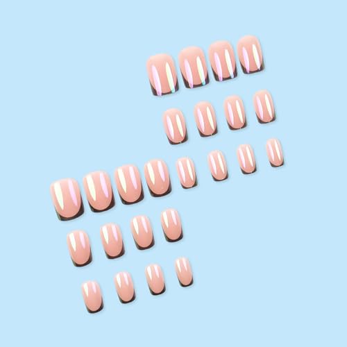 French Tip Press On Nails Short Square Fake Nails Press Ons With Aurora Chrome Design Glue On Nails Pink Glossy Stick On Nails Reusable Acrylic False Nails For Women - color: short square nails-4