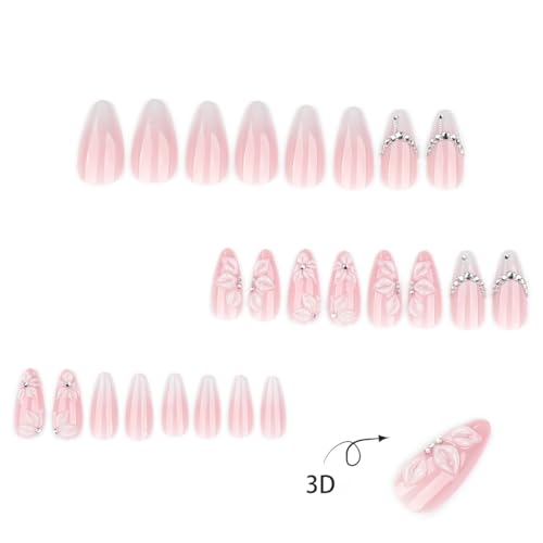 24Pcs White French Tip Press on Nails Medium Almond Fake Nails with Silver Rhinestones with Nude Pink Full Cover Glue on Nails French Designs 3D Flower False Nails Cute Spring Stick on Nails for Women