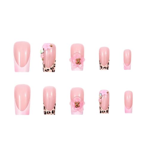French Tip Press on Nails Medium Square Leopard 3D Flower Fake Nails 24Pcs - color: Style 25