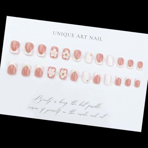 French Tip Press on Nails Square Short 3D Flower Water Ripple Design - color: Gold White