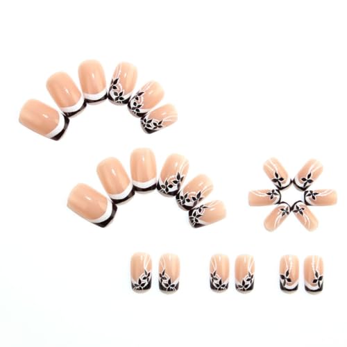 Fall Press on Nails Medium Square Fake Nails with Flower Lines Designs Autumn Nails Press ons Black White Glue on Nails Glossy Acrylic Nails Cute Stick on Nails for Women 24Pcs - color: Flower Lines Designs