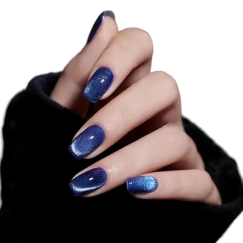 Press On Nails, Short Square Blue Cat Eye Galaxy, 24PCS - color: 078-Dark Blue Square Cat's Eye