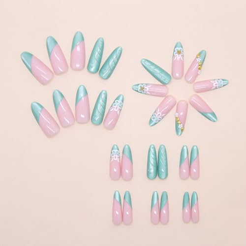 RUOKEXIN Long Stiletto Press on Nails French Tip Fake Nails Green Cat Eye False Nails with 3D Flower Shell Designs Almond Nail Press ons Sparkly Artificial Nails for Women 24Pcs - color: Almond Style 11-12