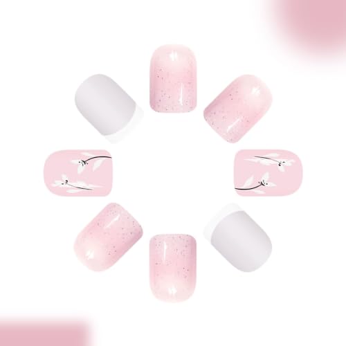 French Tip Press on Nails Short Square Fake Nails Leaves Glitter Designs - color: 32
