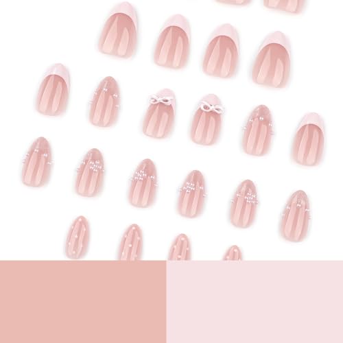 Glitter French Press On Nails Short Almond Fake Nails With Polka Dot Pearls Design False Nails Press Ons Bow Pink Acrylic Nails Glossy Glue On Nails For Women - color: Design-9