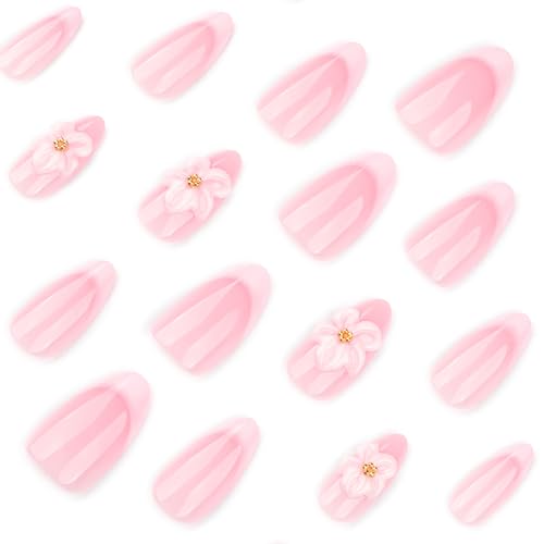 French Tip Press On Nails Almond Medium Fake Nails With 3D White Flower Design False Nails Pink Spring Acrylic Nails Press Ons Glossy Glue On Nails For Women - color: Design-4