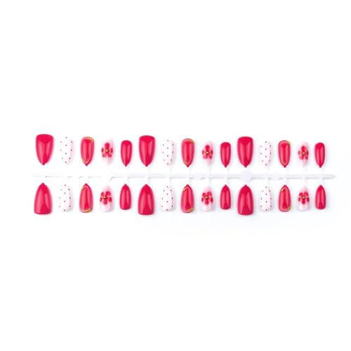 30Pcs Pink Flower Press On Nails Medium Almond Fake Nails with Polka Dots - color: BD-Pink-6
