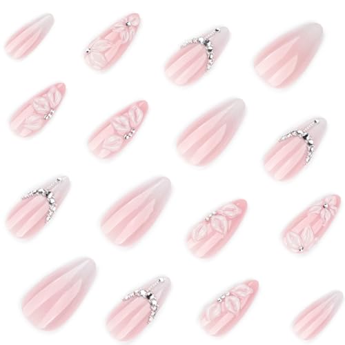 Medium Almond Press on Nails - White Ombre with 3D Embossed Floral & Rhinestone, Full Cover Glossy Fake Nails 24PCS for Women - color: D-52