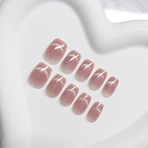 Cat Eye Press on Nails Short Coffin Fake Nails with Glitter Designs Nails Press ons Pink Glue on Nails Cute False Nails Glossy Stick on Nails for Women 24Pcs - color: pink-2