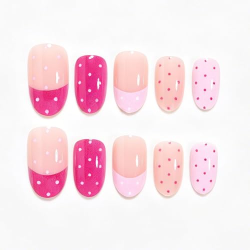 Pink French Tip Press On Nails Short Almond Glossy Fake Nails Polka Dot - color: BD-Pink-7
