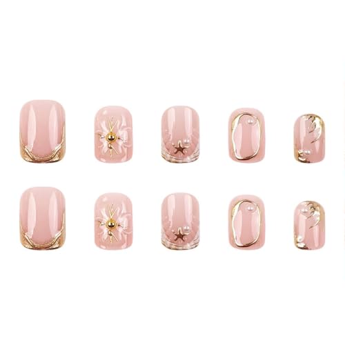 French Tip Press on Nails Short Square Fake Nails with Bead Chrome 3D Stripe Designs Shell Nails Press ons Gold Nude Glue on Nails Glossy Acrylic Nails Artificial Stick on Nails for Women 24Pcs - color: 18