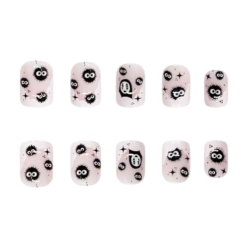 Halloween Short Square Press on Nails Cute Black Coal Ball Design False Nails French Fake Nails Glossy Little Ghost Full Cover Acrylic Nails for Women Halloween Manicure Decorations - color: Halloween Style 021