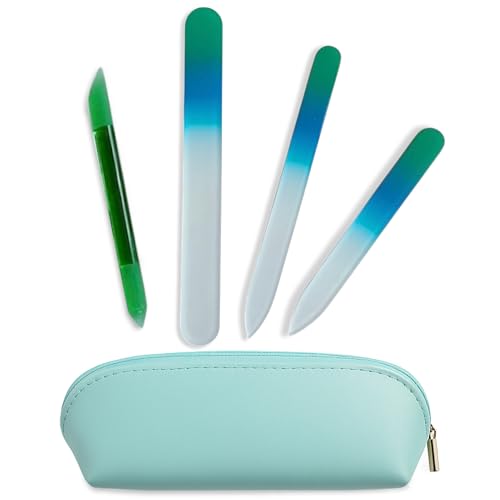 Alban Czech Glass Nail File Set with Manicure Stick & Vegan Leather Case - color: Blue & Green & Green Manicure