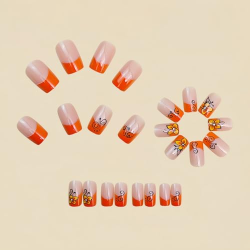 24pcs Orange French Tip Press on Nail Medium Length Square Fake Nails with designs Stick on Nail Glossy Full Cover False Nails Reusable Glue on Nails for Women Summer Manicure - color: s38