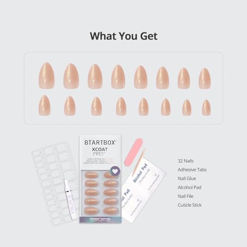 BTArtbox Press On Nails, Nude Almond Short Almond Fake Nails, 32Pcs Full Kit - color: A1-Glow Mates