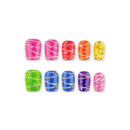 Polka Dot Press on Nails Short Oval Graffiti Design - color: Green Blue Pink Purple Orange Yellow