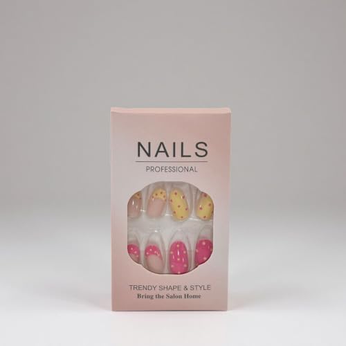Polka Dot Short Almond Press On Nails Pink Yellow French Tip Fake Acrylic - color: BD-Pink Yellow-1