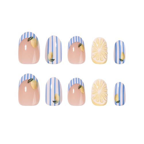 Short Oval Press On Nails Lemon Design, Blue White Stripe Fake Nails with 3D Lemon Slice, Summer Cute French Tip Stick On Nails Glossy Reusable Full Cover False Nails for Women Girls - color: Vertical striped chrysanthemum