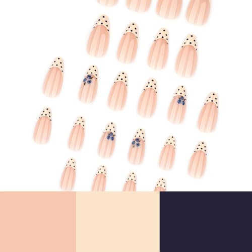 Medium Almond Press on Nails Yellow French Tip Fake Nail Polka Dots Acrylic - color: BD-Yellow Nude-12