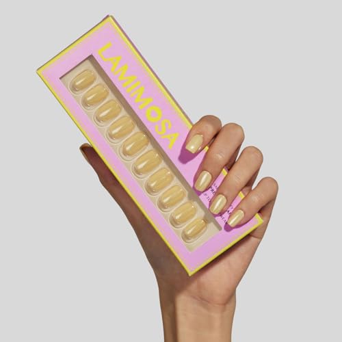 LAMIMOSA 32Pcs Chrome Butter Yellow Press On Nails Short Square, BUTTER - color: BUTTER