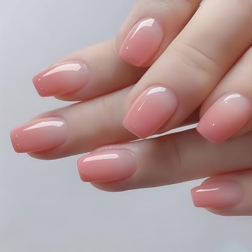 Gradient Press on Nails Short Coffin Fake Nails with Ombre Full Cover Glossy Designs Nails Press ons Pink Glue on Nails Stick on Nails for Women 30Pcs - color: pink-3